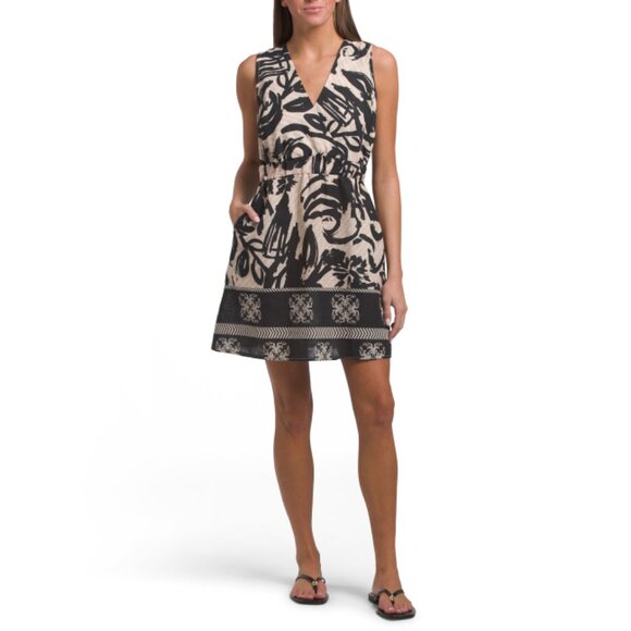 FRANCESCA BETTI  Italy Linen Blend Sleeveless Border Print Dress - Picture 1 of 2